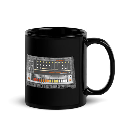 Roland® TR-808 Inspired Design | Vintage Drum Machine | TR808 Rhythm Composer Word Cloud Black Glossy Mug (11oz.-15oz.) Mug - Tedeschi Studio, LLC.