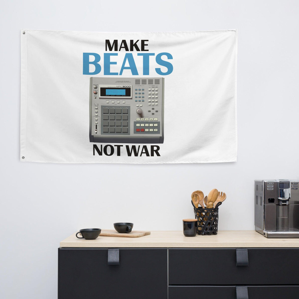 Akai MPC3000 Artist Rendition Drum Machine "Make Beats Not War" Flag (Horizontal) - Tedeschi Studio, LLC.