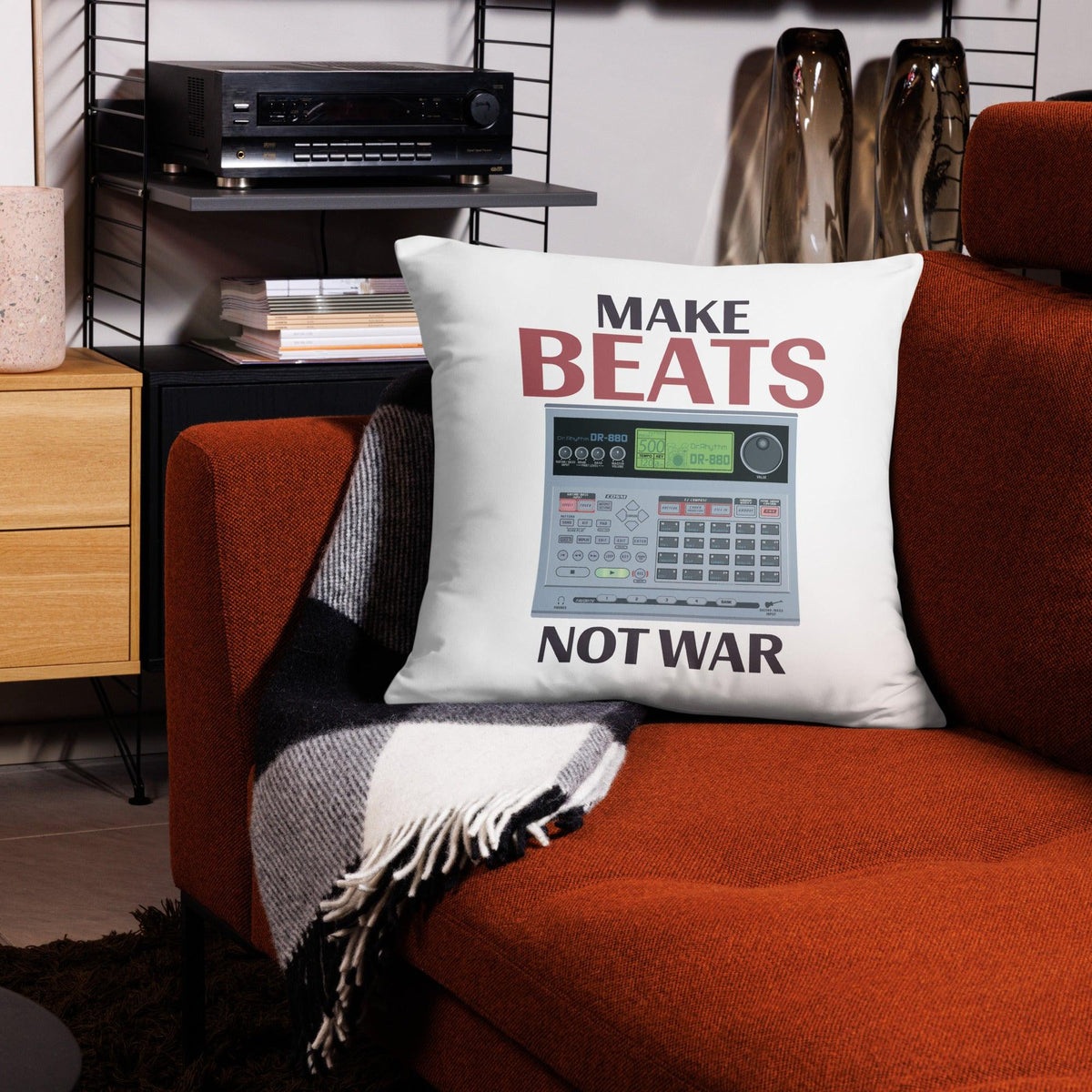 Boss Dr. Rhythm DR-880 Drum Machine Artist Rendition "Make Beats Not War Basic Pillow" - Tedeschi Studio, LLC.