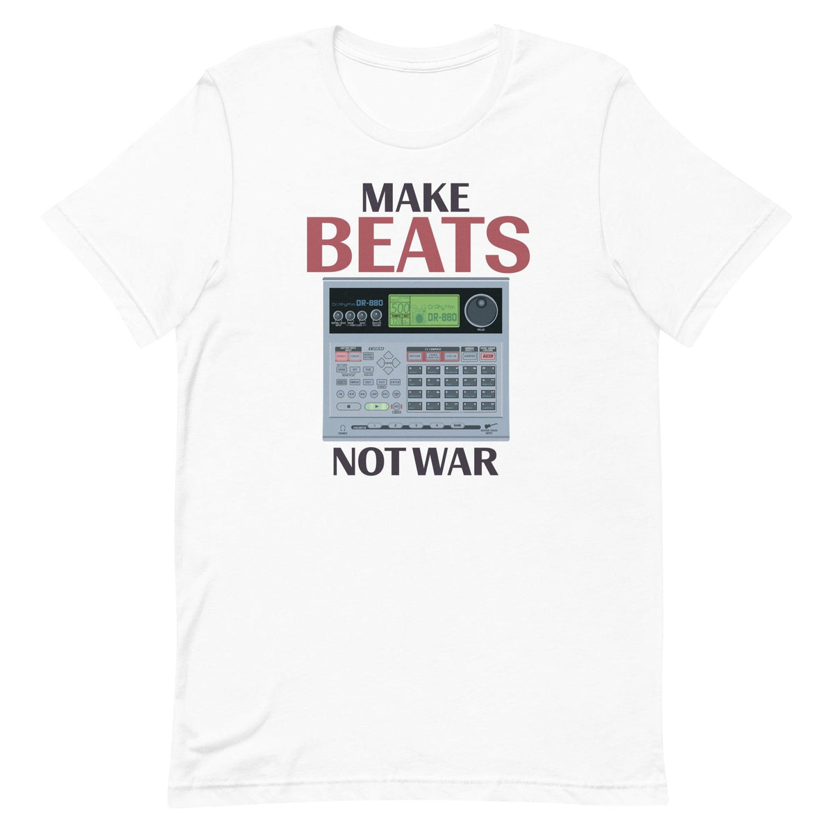 Boss® Dr. Rhythm DR-880 Vintage Drum Machine Artist Rendition "Make Beats Not War" Unisex T-Shirt - Tedeschi Studio, LLC.