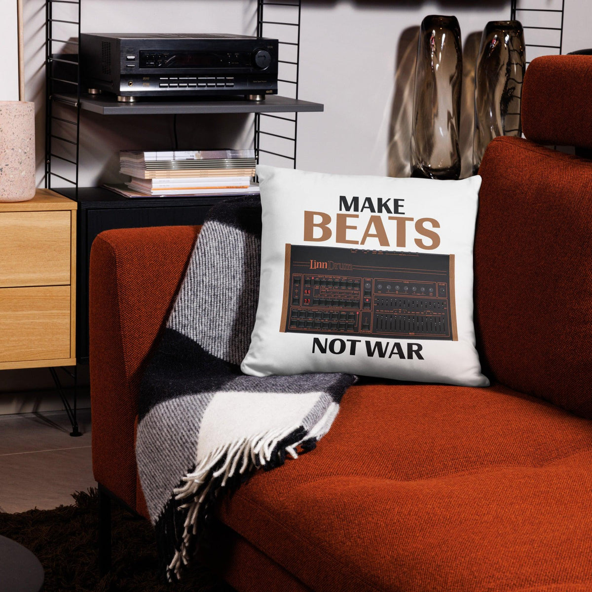 LinnDrum® LM2 Inspired Design | Vintage Drum Machine | LM2 "Make Beats Not War" Throw Pillow - Tedeschi Studio, LLC.