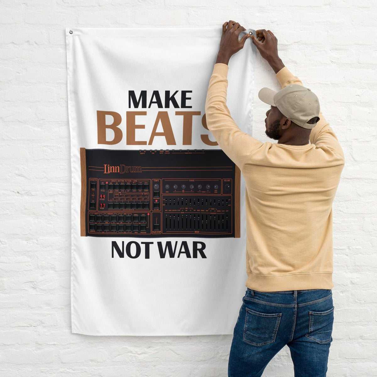 LinnDrum Drum Machine Artist Rendition "Make Beats Not War" Flag (Vertical) - Tedeschi Studio, LLC.