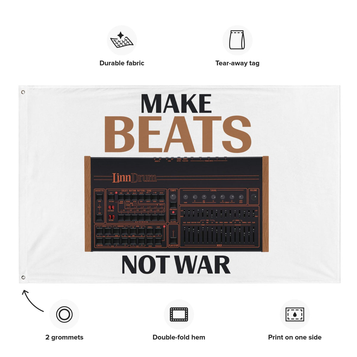 LinnDrum Drum Machine Artist Rendition "Make Beats Not War" Flag (Horizontal) - Tedeschi Studio, LLC.