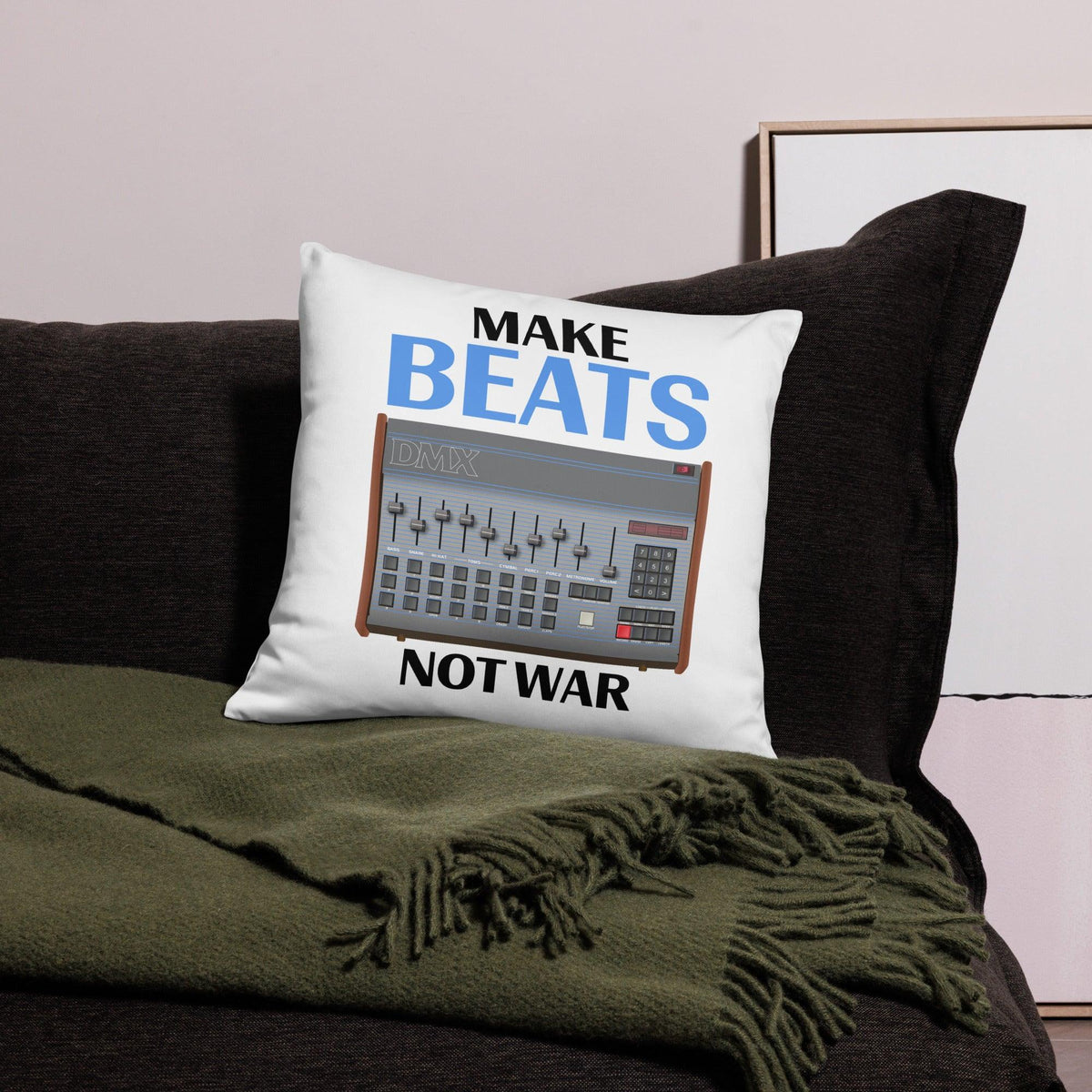 Oberheim® DMX Inspired Design | Vintage Drum Machine | DMX "Make Beats Not War" Throw Pillow - Tedeschi Studio, LLC.