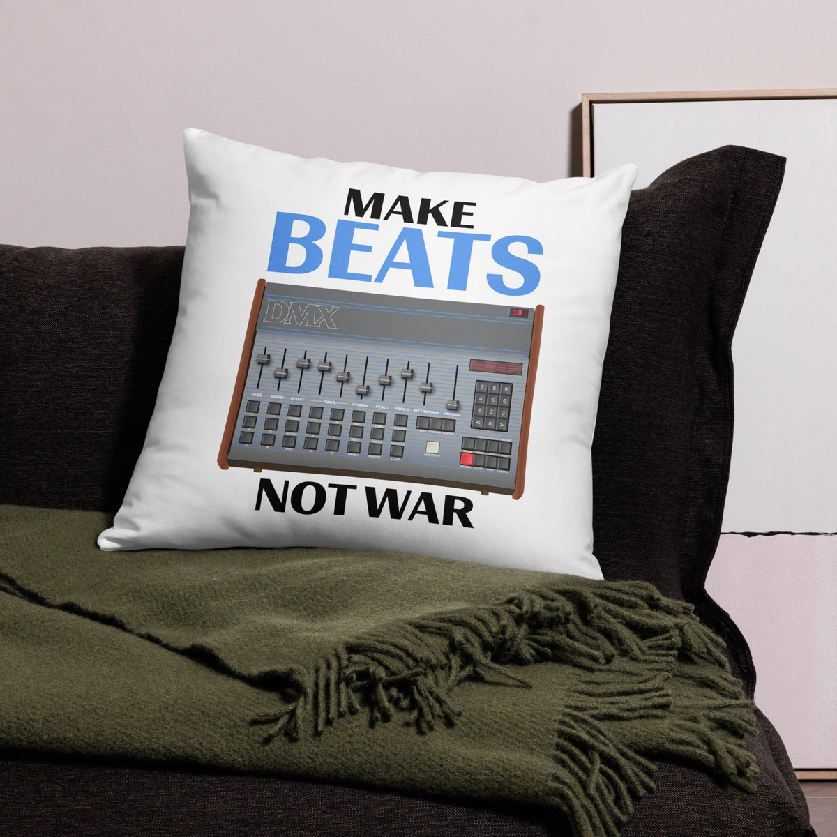 Oberheim® DMX Inspired Design | Vintage Drum Machine | DMX "Make Beats Not War" Throw Pillow - Tedeschi Studio, LLC.