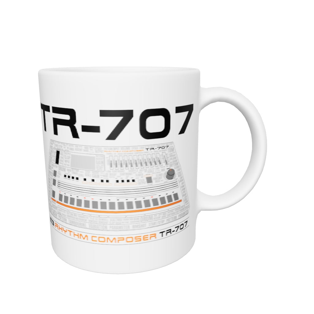 Roland® TR-707 Inspired Design | Vintage Drum Machine | TR707 Rhythm Composer Word Cloud White Glossy Mug (11oz.-20oz.)