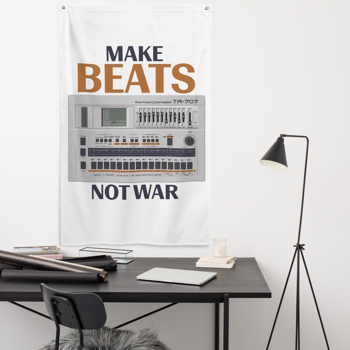 Roland TR-707 Rhythm Composer Artist Rendition | Drum Machine | Make Beats Not War Flag (Vertical) - Tedeschi Studio, LLC.