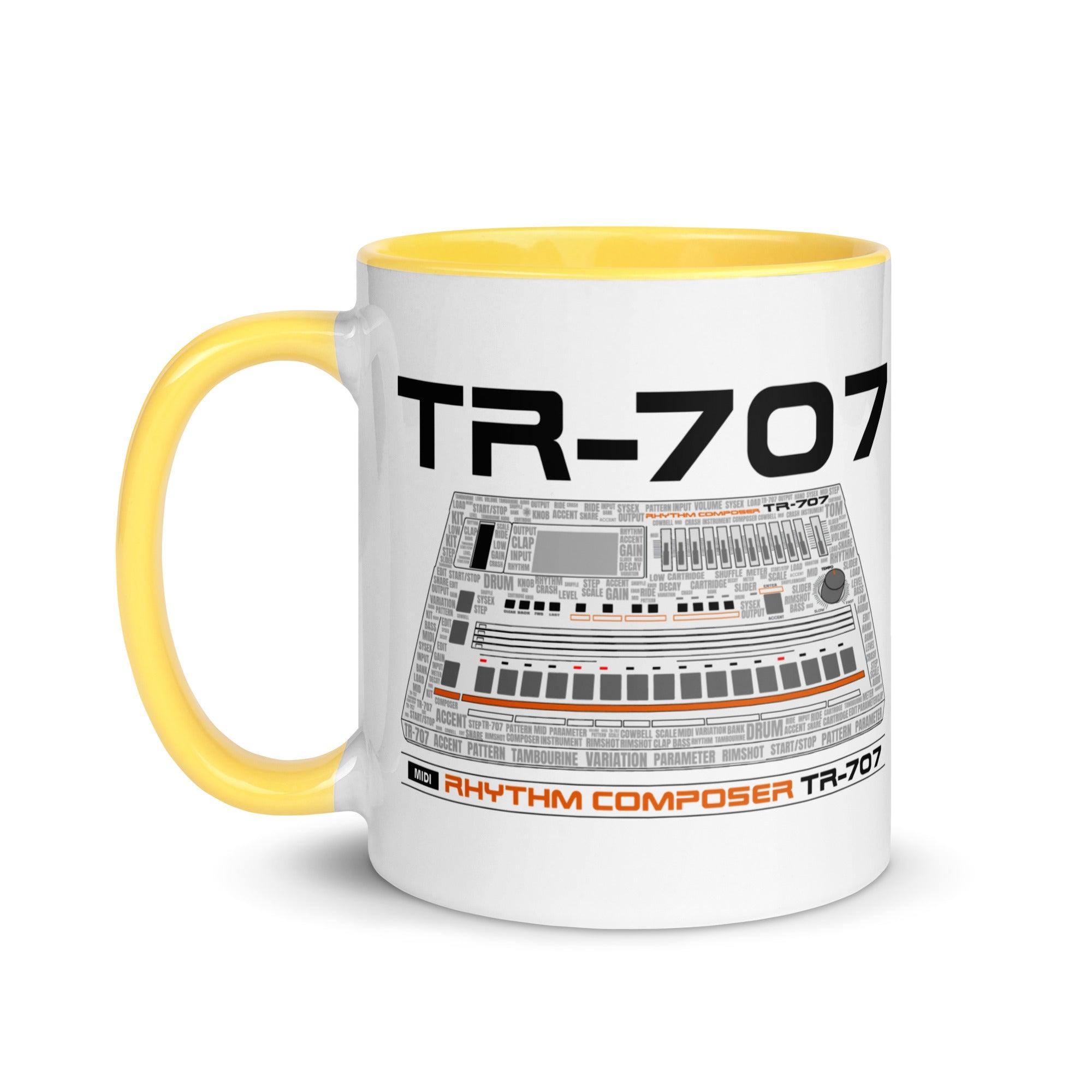 Roland® TR-707 Inspired Design | Vintage Drum Machine | TR707 Rhythm Composer Word Cloud Mug w/Color Inside (11oz.-15oz.) - Tedeschi Studio, LLC.