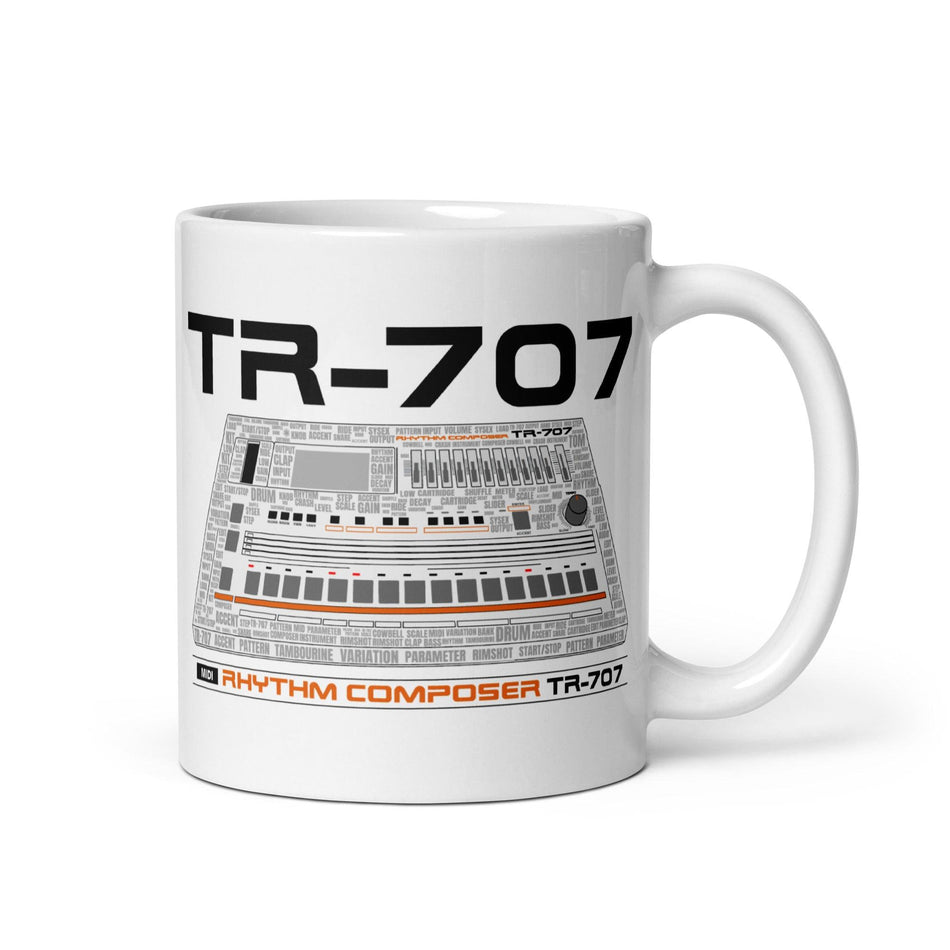 Roland® TR-707 Inspired Design | Vintage Drum Machine | TR707 Rhythm Composer Word Cloud White Glossy Mug (11oz.-20oz.) - Tedeschi Studio, LLC.