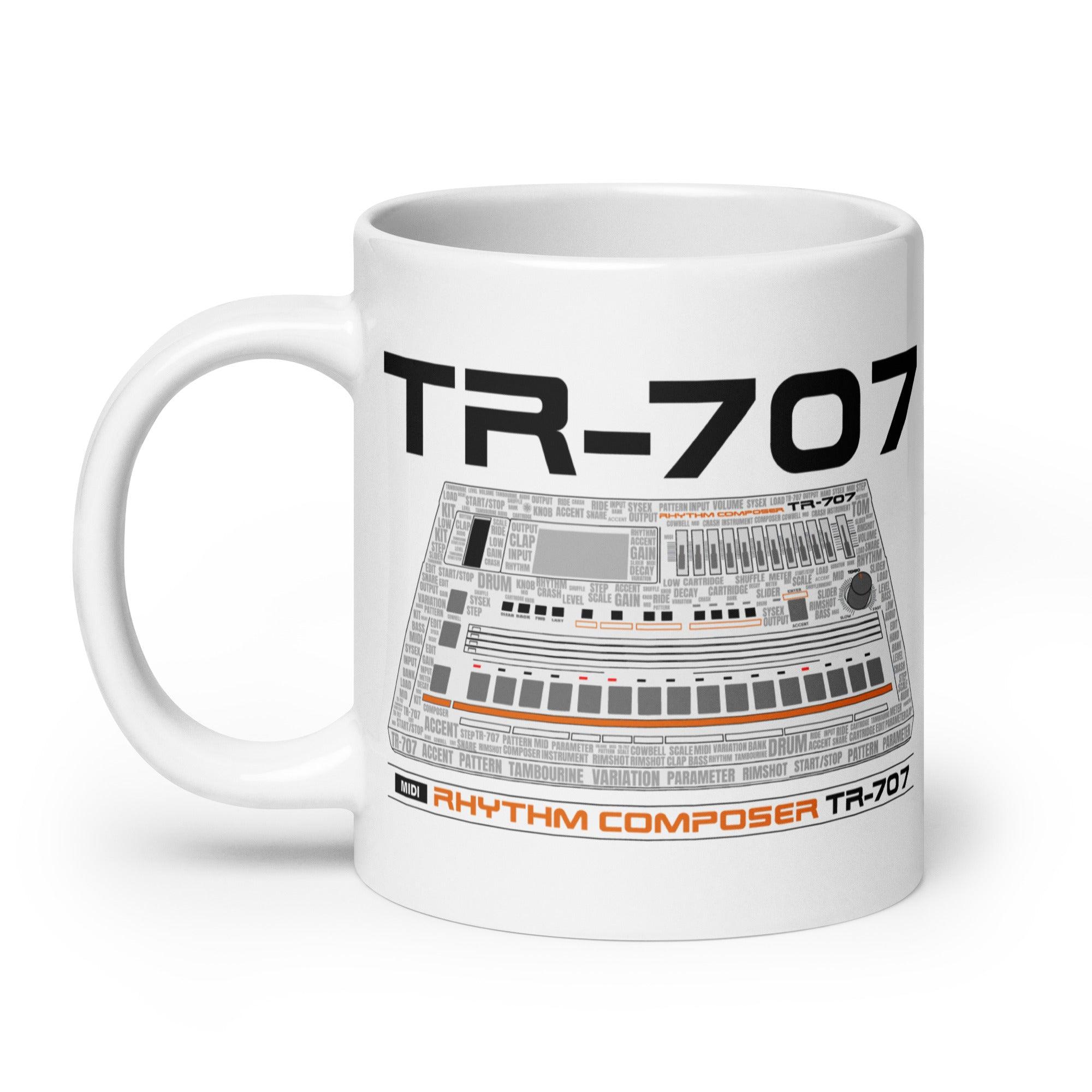 Roland® TR-707 Inspired Design | Vintage Drum Machine | TR707 Rhythm Composer Word Cloud White Glossy Mug (11oz.-20oz.) - Tedeschi Studio, LLC.