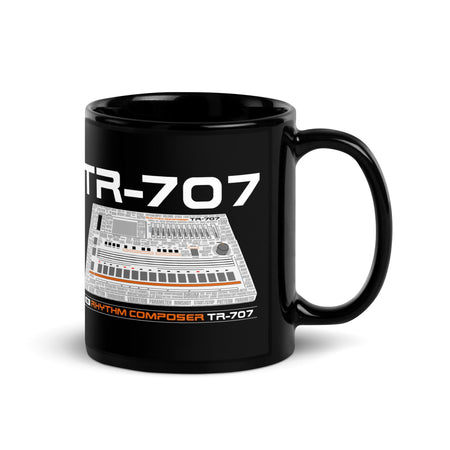 Roland® TR-707 Inspired Design | Vintage Drum Machine | TR707 Word Cloud Black Glossy Mug (11oz.-15oz.) - Tedeschi Studio, LLC.