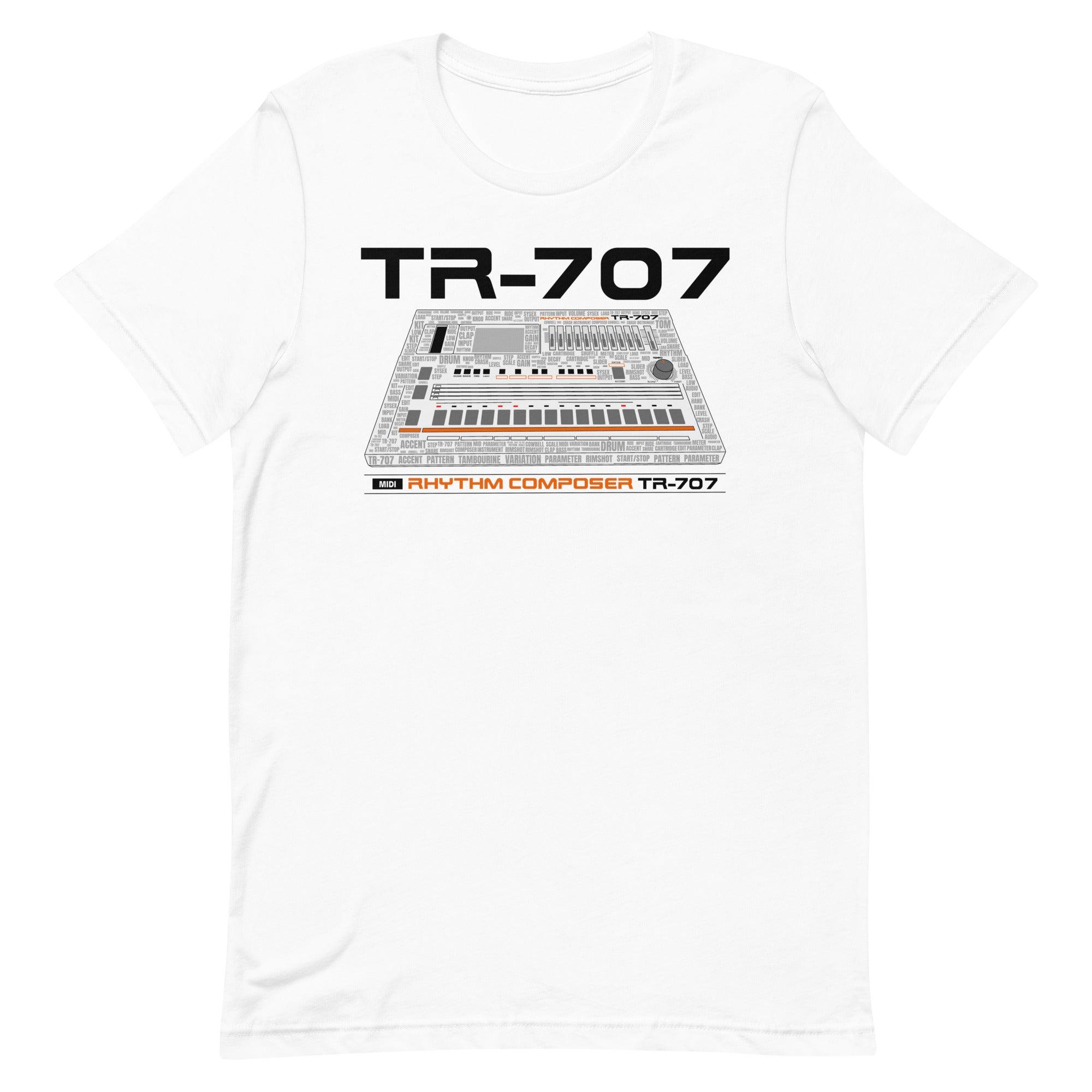 Roland® TR-707 Inspired Design | Vintage Drum Machine | TR707 Word Cloud Unisex T-Shirt (XS-5XL) - Tedeschi Studio, LLC.