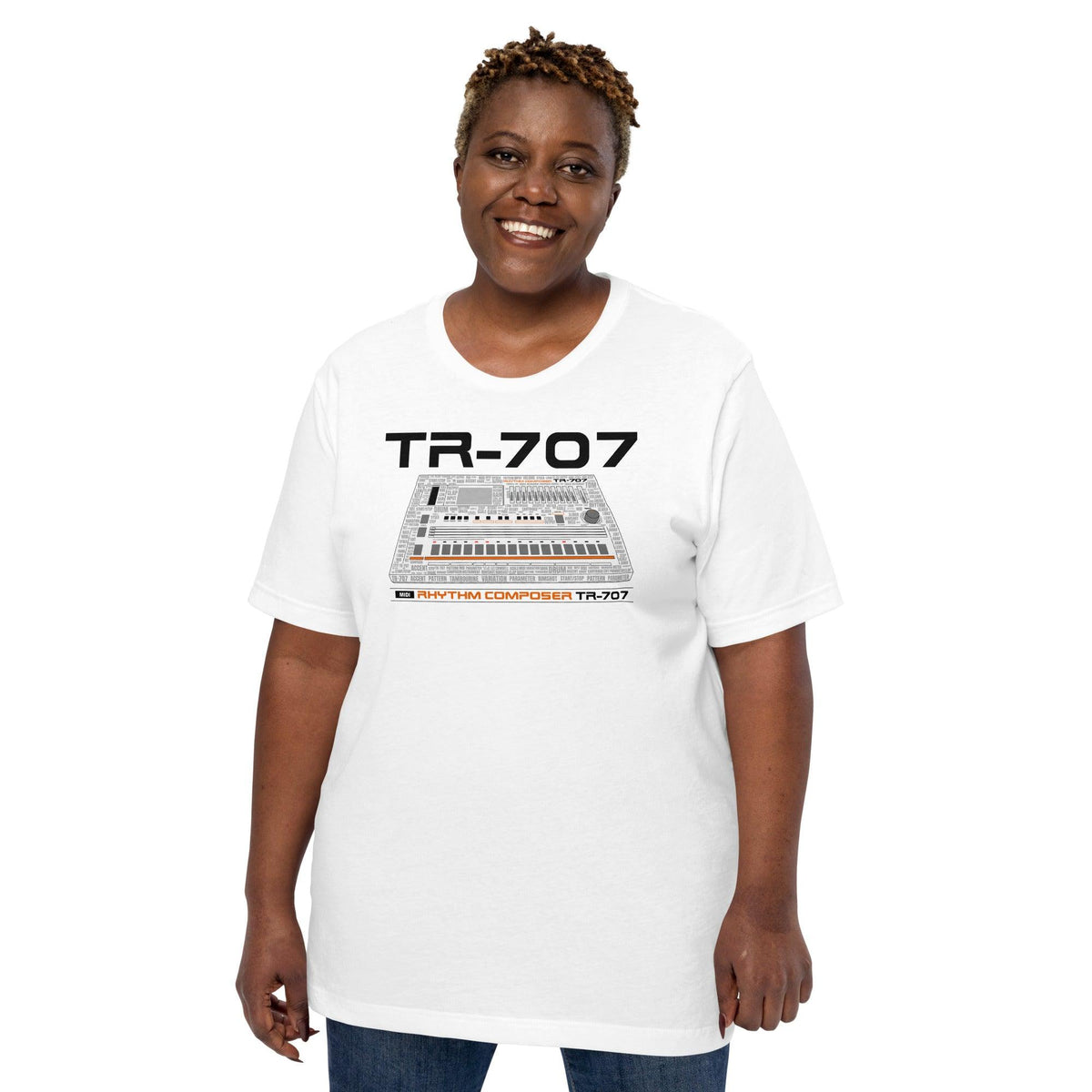 Roland® TR-707 Inspired Design | Vintage Drum Machine | TR707 Word Cloud Unisex T-Shirt (XS-5XL) - Tedeschi Studio, LLC.