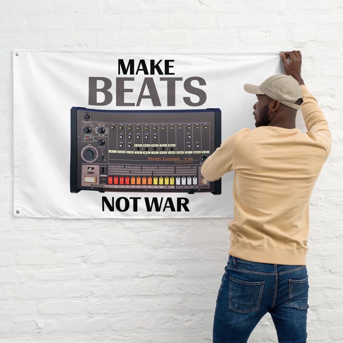 Roland TR-808 Rhythm Composer Artist Rendition | Drum Machine | Make Beats Not War Flag (Horizontal) - Tedeschi Studio, LLC.