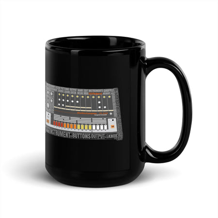 Roland® TR-808 Inspired Design | Vintage Drum Machine | TR808 Rhythm Composer Word Cloud Black Glossy Mug (11oz.-15oz.) Mug - Tedeschi Studio, LLC.