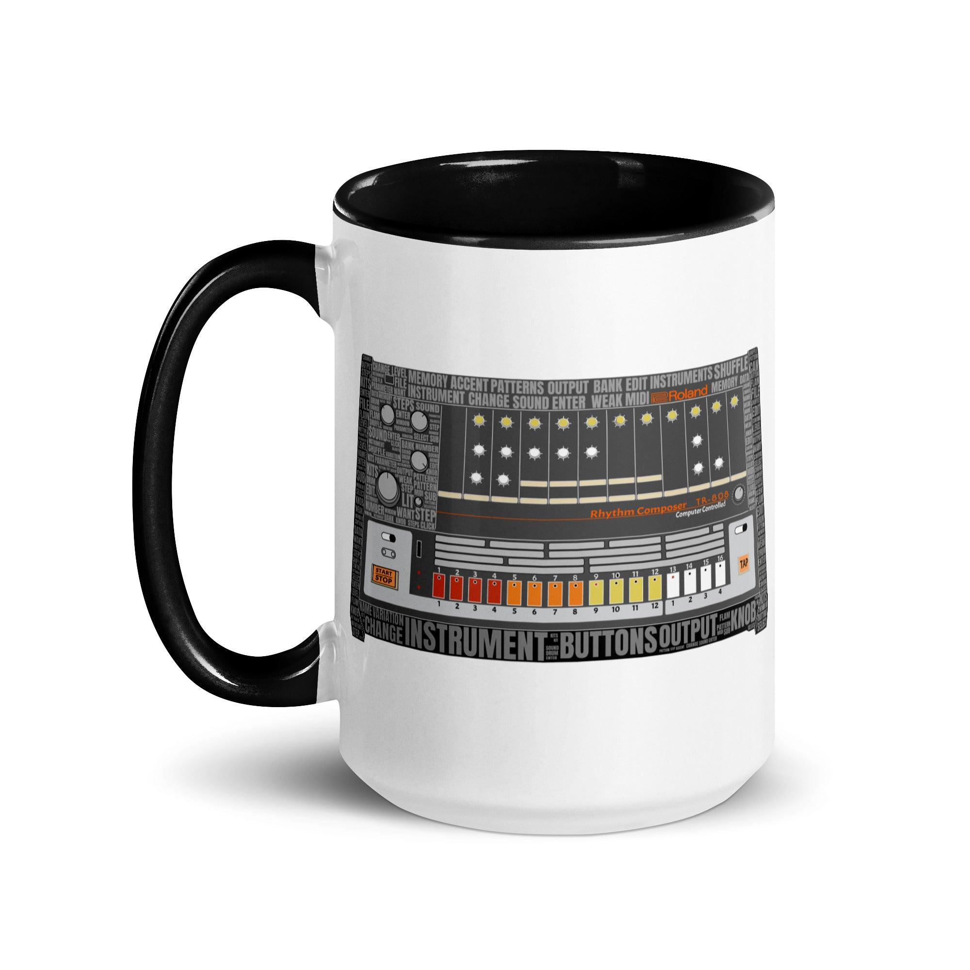 Roland® TR-808 Inspired Design | Vintage Drum Machine | TR808 Rhythm Composer Word Cloud Mug w/Color Inside (11oz.-15oz.) - Tedeschi Studio, LLC.
