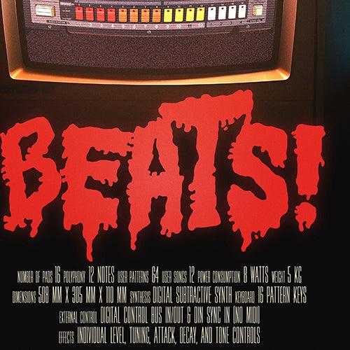 Roland® TR-808 Inspired | Vintage Drum Machine | TR808 "Beats" Horror Movie Poster (24"x36") - Tedeschi Studio, LLC.