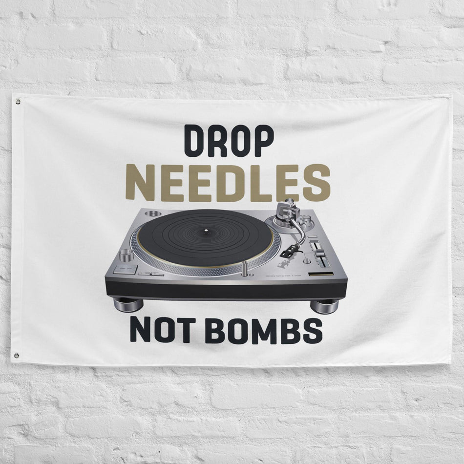 Technics Turntable Artist Rendition "Drop Needles Not Bombs" Flag (Horizontal) - Tedeschi Studio, LLC.