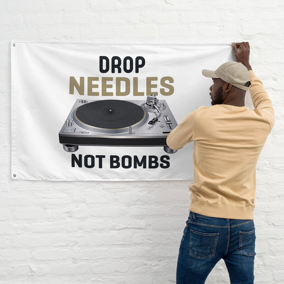 Technics Turntable Artist Rendition "Drop Needles Not Bombs" Flag (Horizontal) - Tedeschi Studio, LLC.