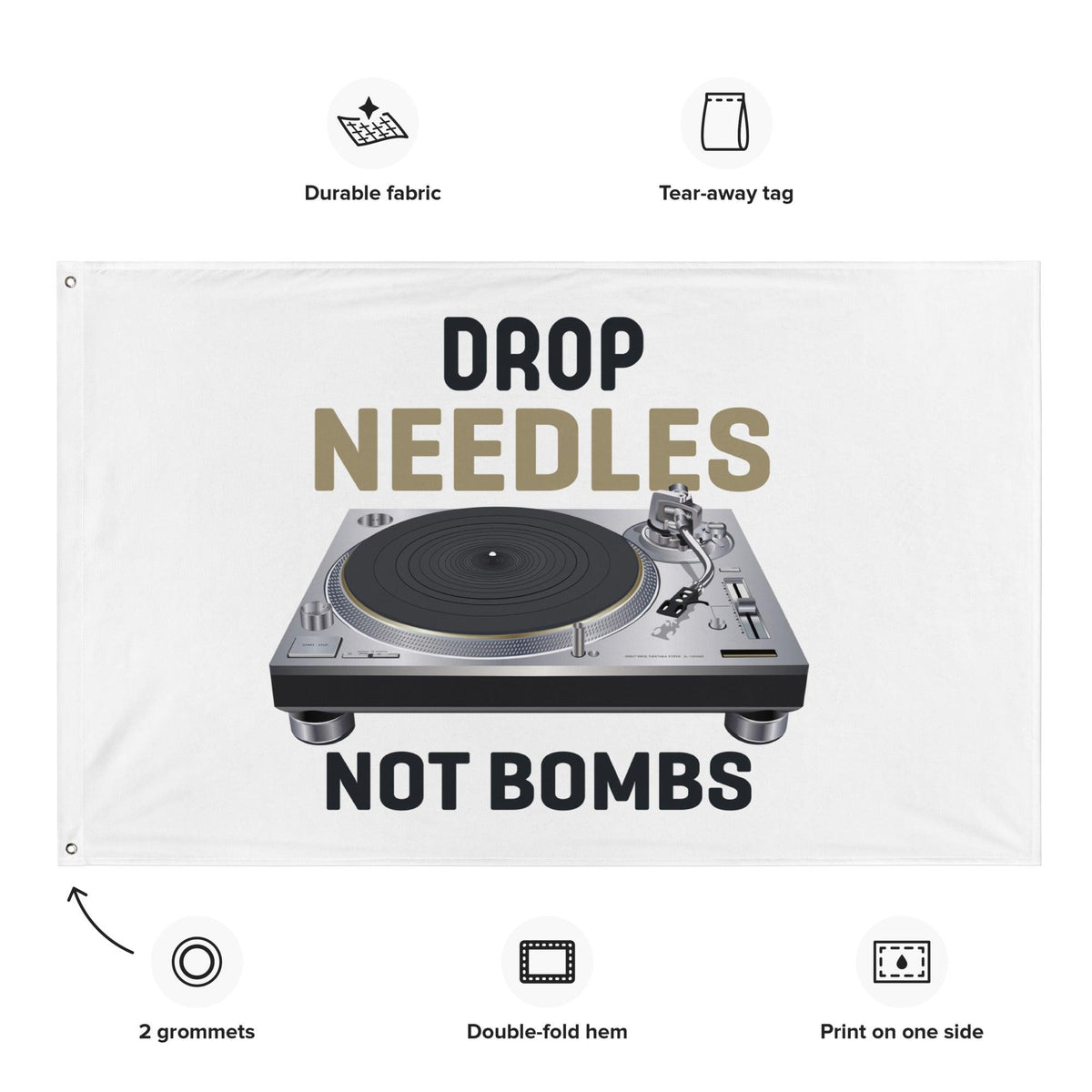 Technics Turntable Artist Rendition "Drop Needles Not Bombs" Flag (Horizontal) - Tedeschi Studio, LLC.