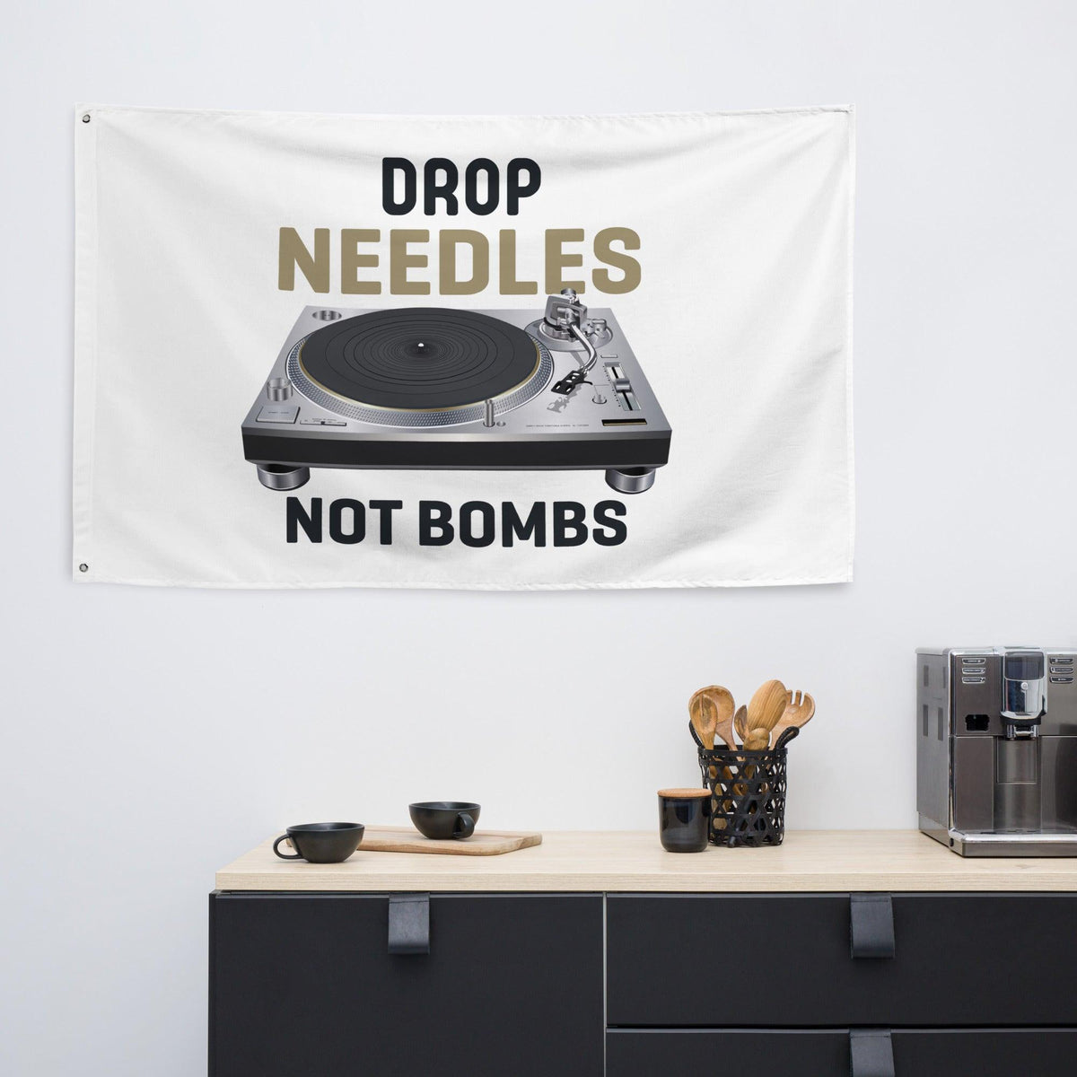 Technics Turntable Artist Rendition "Drop Needles Not Bombs" Flag (Horizontal) - Tedeschi Studio, LLC.