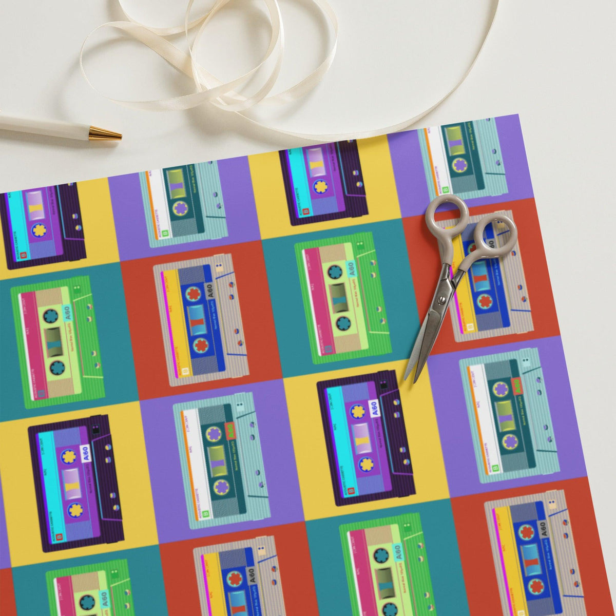 Vintage Cassette Tape | Andy Warhol Style Pop Art Wrapping Paper Sheets (3 rolls) - Tedeschi Studio, LLC.